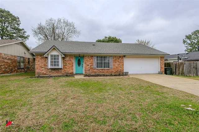 ranch-style house featuring a garage, concrete driveway, brick siding, and a front yard