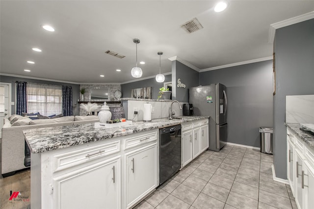 kitchen with visible vents, open floor plan, white cabinets, dishwasher, and stainless steel fridge with ice dispenser