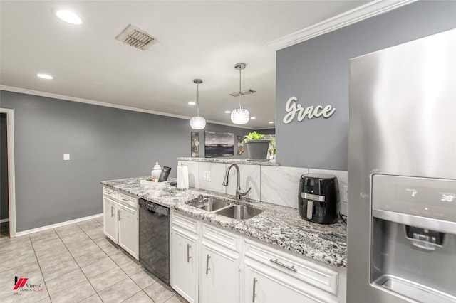 kitchen featuring a sink, visible vents, white cabinetry, black dishwasher, and stainless steel refrigerator with ice dispenser