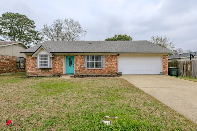 single story home with a front yard, concrete driveway, brick siding, and an attached garage