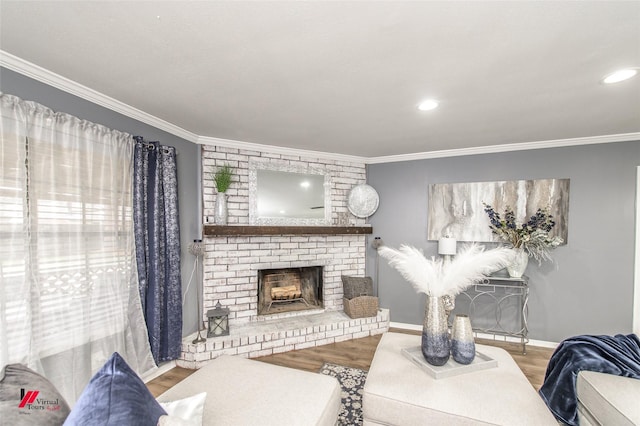 living room with baseboards, a fireplace, wood finished floors, and crown molding