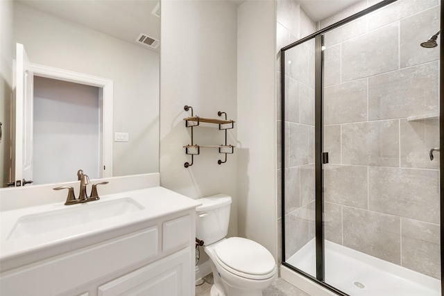 bathroom with toilet, vanity, a shower stall, and visible vents