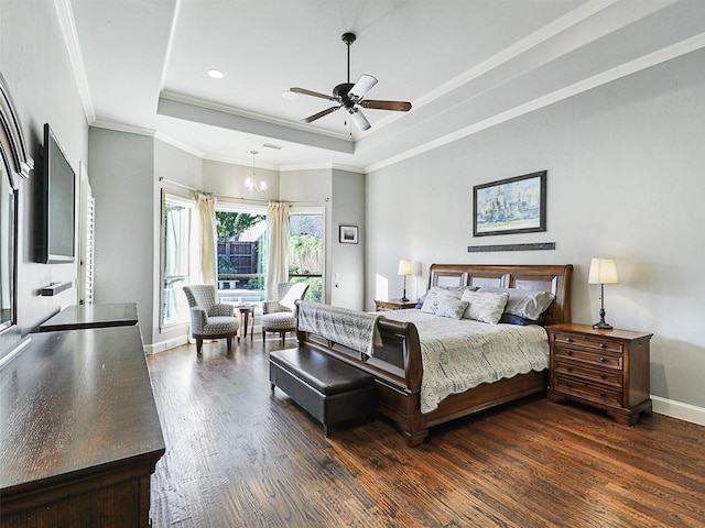 bedroom featuring baseboards, a raised ceiling, dark wood finished floors, ornamental molding, and ceiling fan with notable chandelier