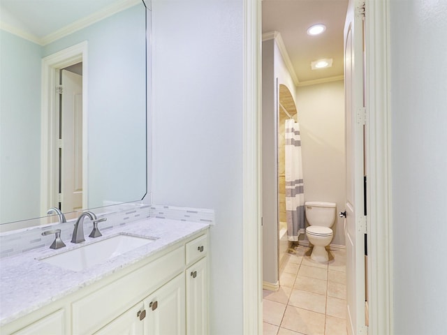 bathroom with crown molding, shower / bathtub combination with curtain, toilet, vanity, and tile patterned flooring