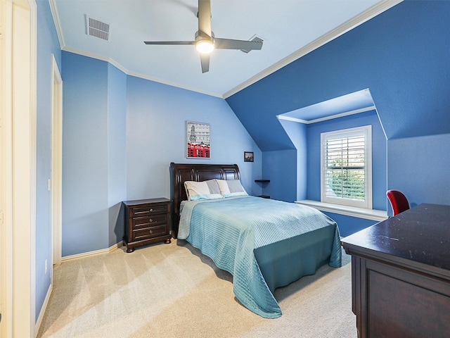 bedroom featuring visible vents, crown molding, light carpet, and baseboards