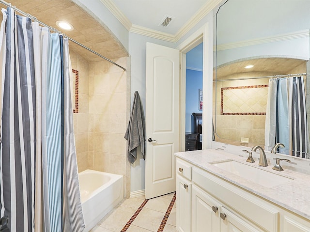 full bathroom with crown molding, recessed lighting, visible vents, shower / bath combo, and vanity