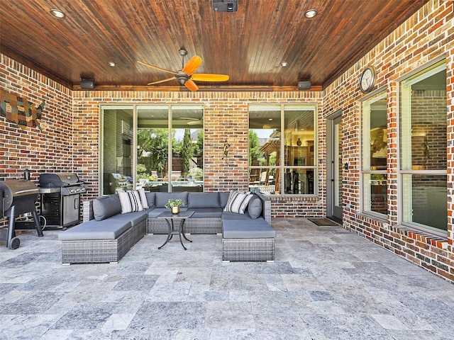 view of patio featuring ceiling fan, outdoor lounge area, and area for grilling