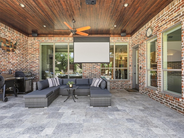 view of patio with ceiling fan, grilling area, and an outdoor hangout area