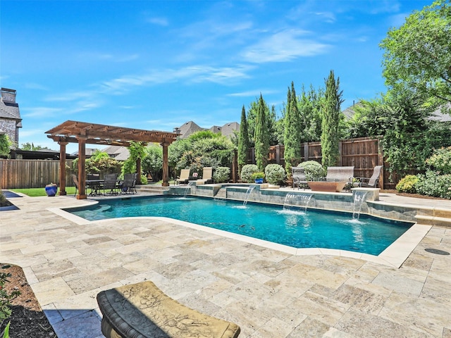 view of swimming pool featuring a fenced in pool, a fenced backyard, a patio, and a pergola