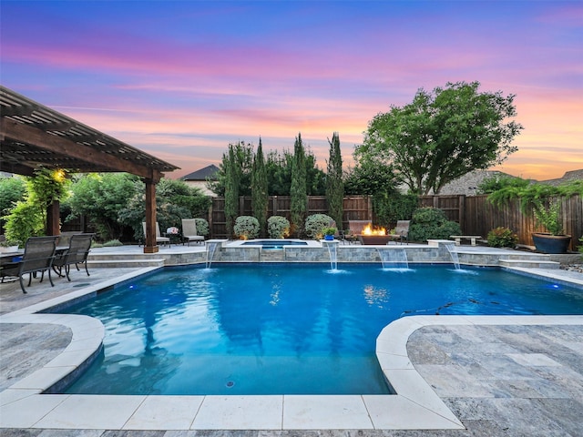 view of swimming pool featuring a fenced in pool, a patio area, a fenced backyard, and an outdoor hot tub