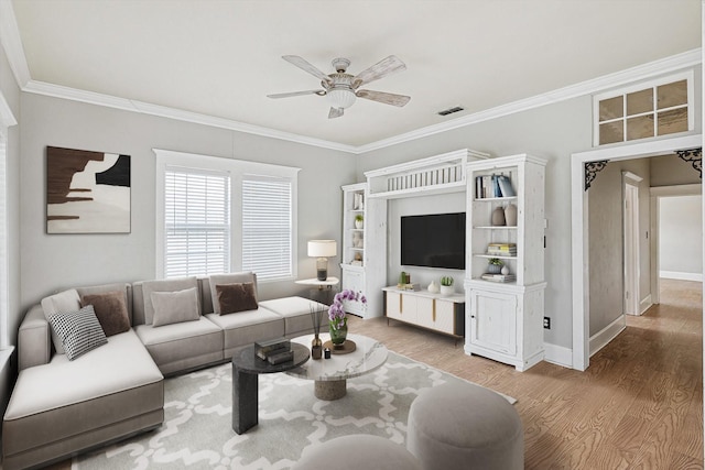 111 S Pine St, Roanoke, TX 76262 - entrance foyer with crown molding, ceiling fan, wood finished floors, and baseboards