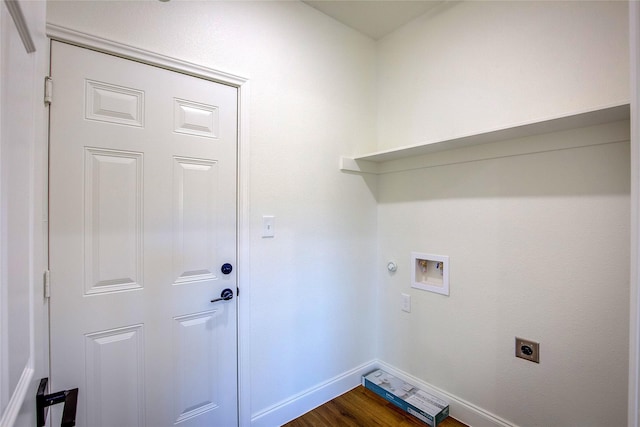 clothes washing area featuring hookup for an electric dryer, laundry area, washer hookup, baseboards, and dark wood-style floors