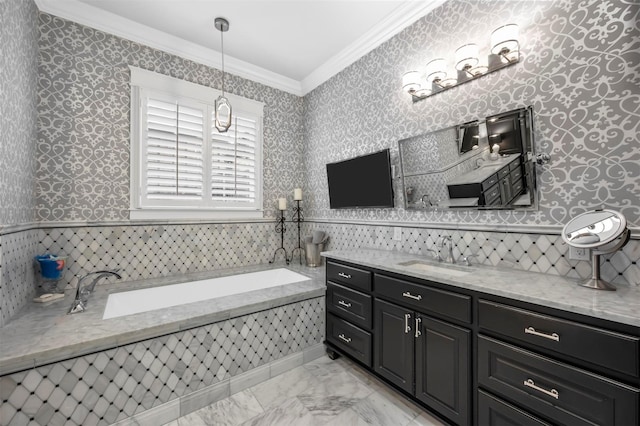 6611 Dartbrook Dr, Dallas, TX 75254 - bathroom featuring ornamental molding, wallpapered walls, marble finish flooring, vanity, and a garden tub