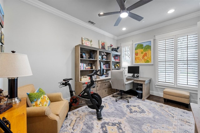 6611 Dartbrook Dr, Dallas, TX 75254 - office space with ceiling fan, wood finished floors, ornamental molding, recessed lighting, and baseboards