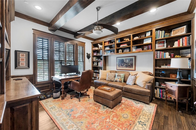 6611 Dartbrook Dr, Dallas, TX 75254 - office area featuring crown molding, beam ceiling, a ceiling fan, dark wood-style flooring, and recessed lighting