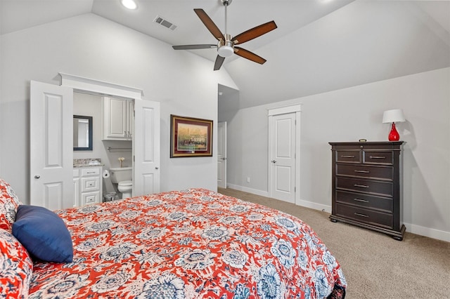 6611 Dartbrook Dr, Dallas, TX 75254 - bedroom with light carpet, baseboards, connected bathroom, high vaulted ceiling, and a ceiling fan