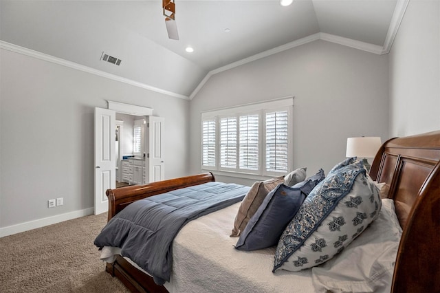 6611 Dartbrook Dr, Dallas, TX 75254 - bedroom featuring lofted ceiling, ornamental molding, baseboards, carpet flooring, and a ceiling fan