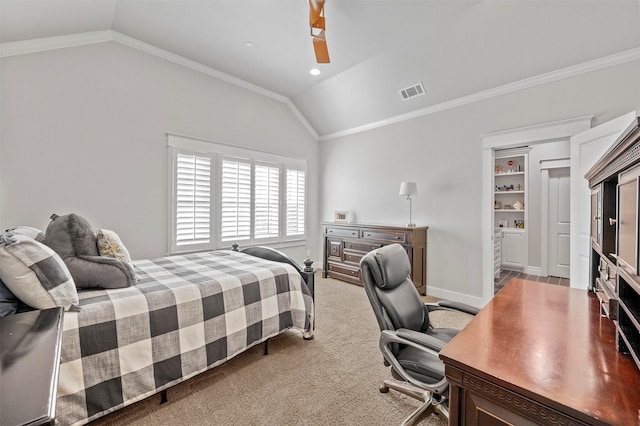 6611 Dartbrook Dr, Dallas, TX 75254 - bedroom featuring lofted ceiling, ornamental molding, an office area, a ceiling fan, and carpet