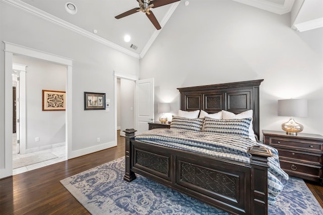 6611 Dartbrook Dr, Dallas, TX 75254 - bedroom with dark wood-style flooring, high vaulted ceiling, crown molding, baseboards, and a ceiling fan