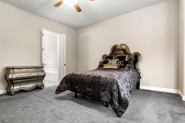 bedroom featuring baseboards, connected bathroom, ceiling fan, vaulted ceiling, and carpet floors