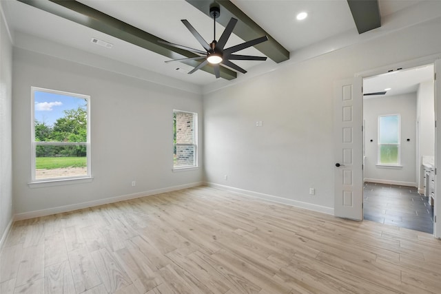 201 Rio Rancho Dr, Decatur, TX 76234 - unfurnished room featuring light wood-style floors, ceiling fan, beam ceiling, baseboards, and recessed lighting