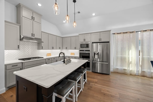 kitchen featuring light stone countertops, a kitchen island with sink, under cabinet range hood, and stainless steel appliances