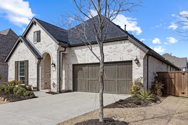 french country style house with an attached garage, brick siding, fence, concrete driveway, and roof with shingles