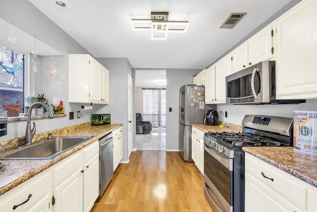 kitchen with stainless steel appliances, a sink, visible vents, and white cabinets