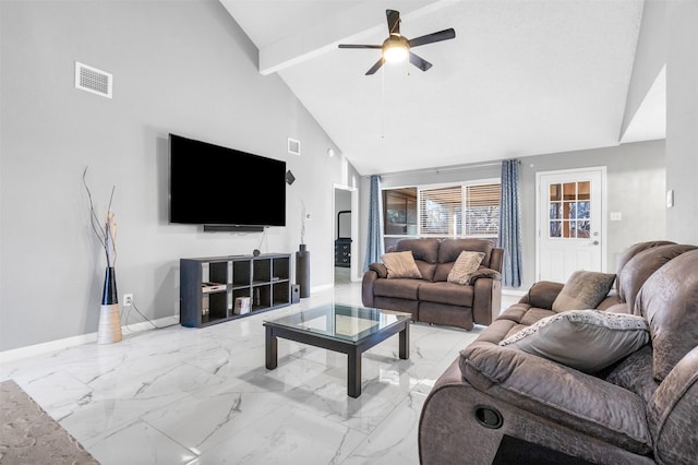 living area with marble finish floor, baseboards, visible vents, and ceiling fan