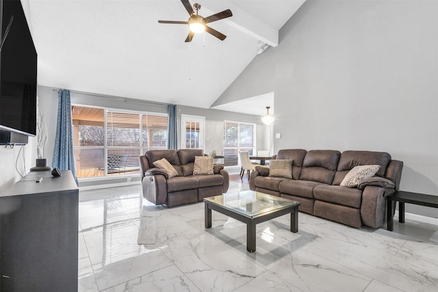 living area with marble finish floor, beamed ceiling, high vaulted ceiling, and a ceiling fan