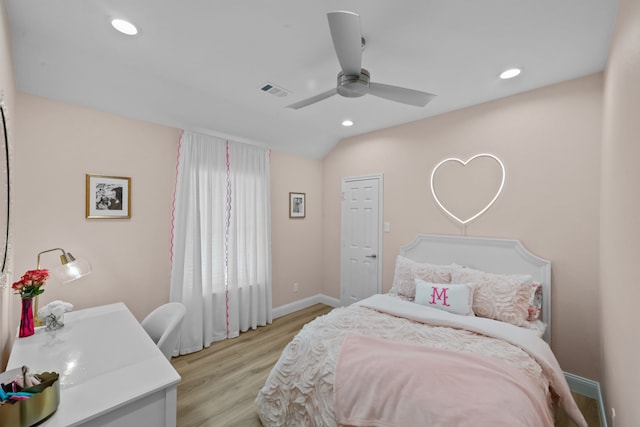 bedroom featuring recessed lighting, visible vents, ceiling fan, light wood-type flooring, and baseboards