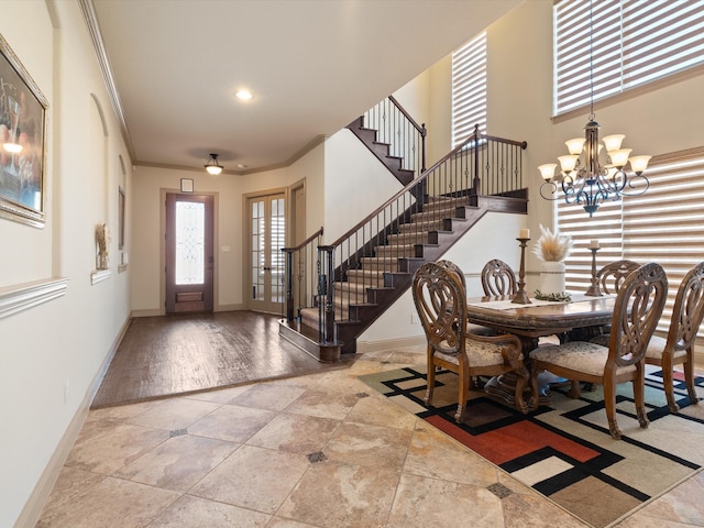 2728 Village Creek St, Celina, TX 75078 - dining area with stairway, ornamental molding, baseboards, and a notable chandelier