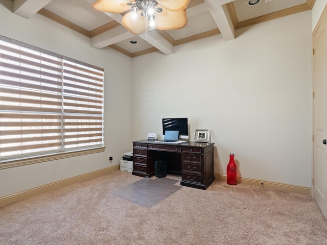 carpeted home office with beam ceiling, coffered ceiling, and baseboards