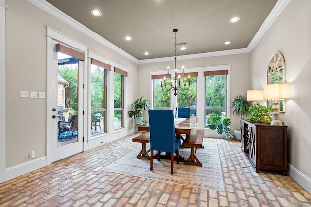 dining room featuring brick floor, recessed lighting, crown molding, and baseboards