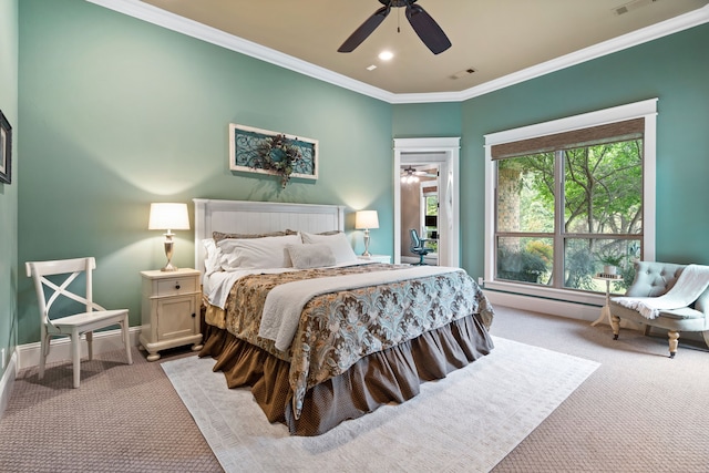 bedroom featuring recessed lighting, light colored carpet, visible vents, baseboards, and ornamental molding