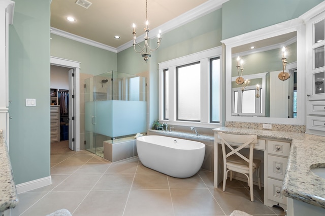 full bath featuring vanity, a spacious closet, tile patterned floors, a stall shower, and crown molding