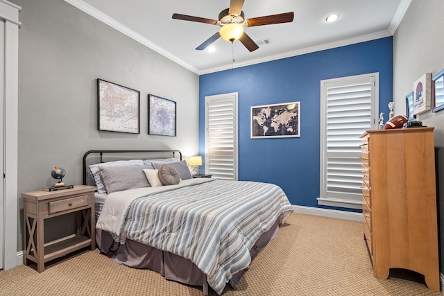 bedroom featuring recessed lighting, light carpet, visible vents, baseboards, and ornamental molding