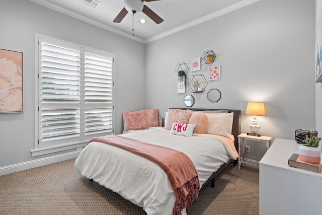 bedroom with baseboards, ceiling fan, crown molding, carpet floors, and recessed lighting