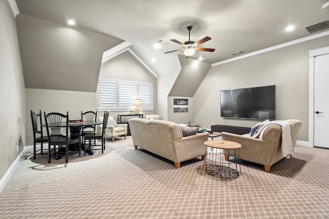 living area with ornamental molding, lofted ceiling, carpet flooring, and visible vents