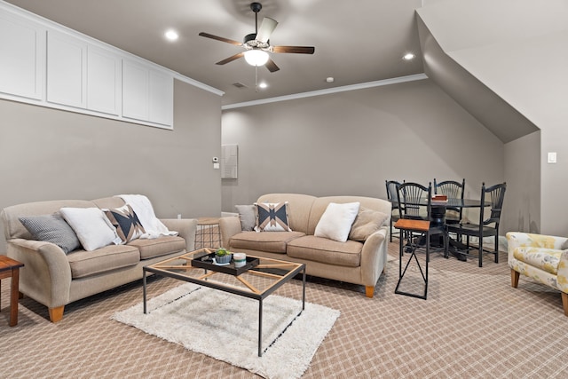 living area featuring recessed lighting, ornamental molding, a ceiling fan, and light colored carpet