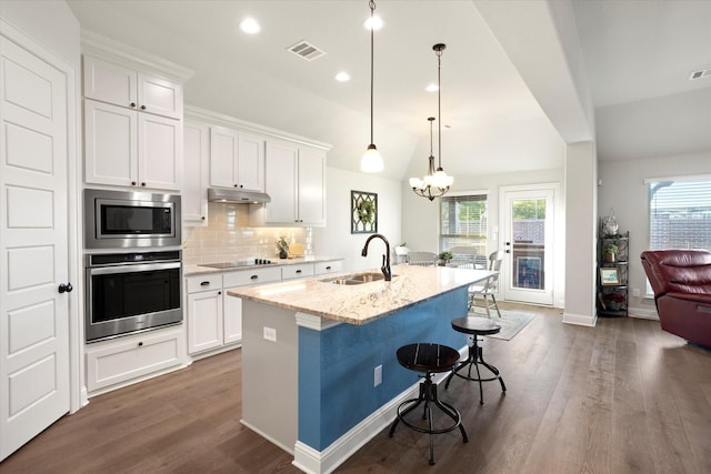 kitchen with under cabinet range hood, appliances with stainless steel finishes, a sink, and white cabinets