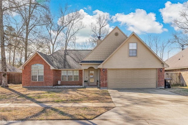 traditional-style home with brick siding, driveway, a chimney, and fence