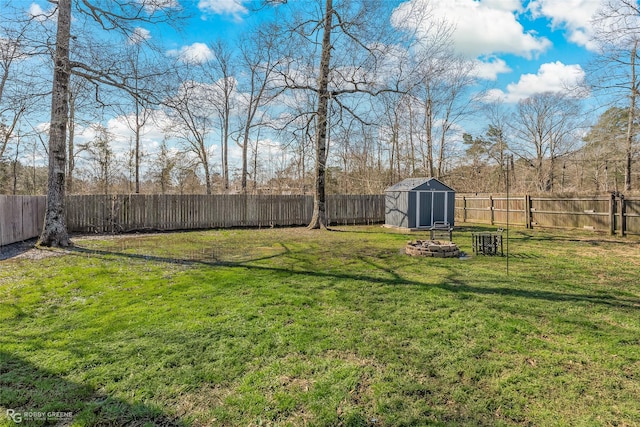 view of yard featuring an outbuilding, a fenced backyard, and a storage unit