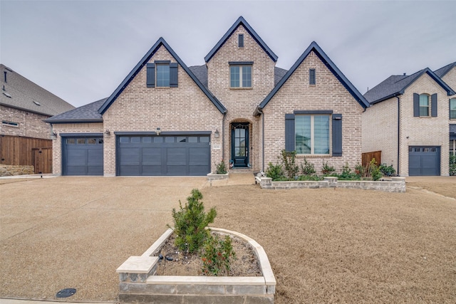 view of front facade with driveway, brick siding, roof with shingles, and an attached garage