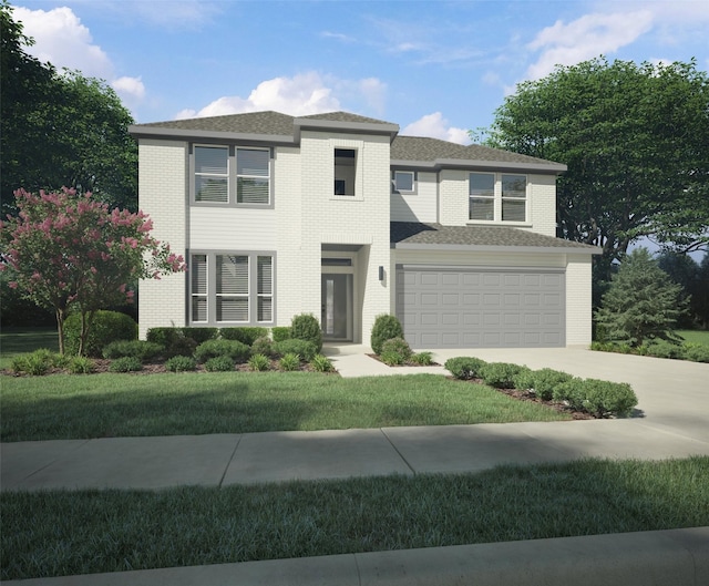 view of front of home with a garage, brick siding, a shingled roof, concrete driveway, and a front yard