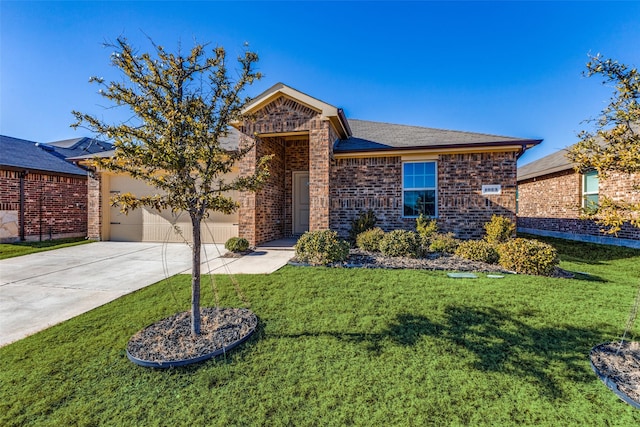 ranch-style home featuring a garage, driveway, a front lawn, and brick siding