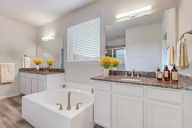 bathroom with a garden tub, wood finished floors, a stall shower, and a sink