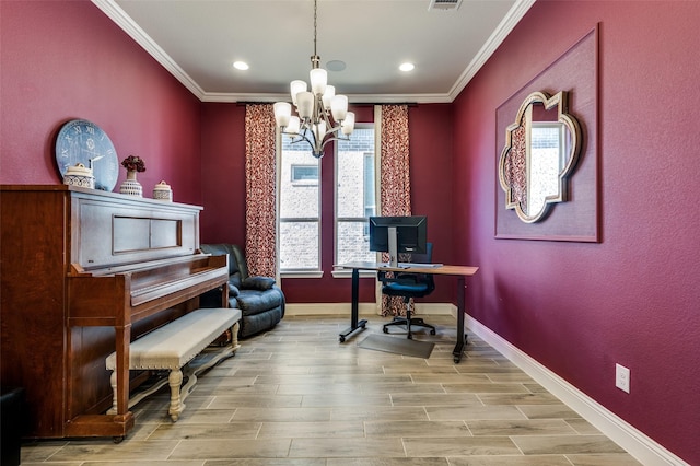 office area with ornamental molding, wood finish floors, and baseboards