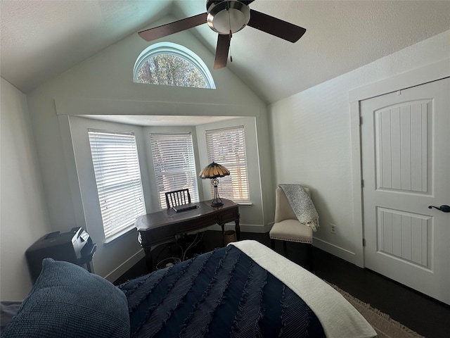 bedroom with lofted ceiling, multiple windows, baseboards, and dark wood-type flooring