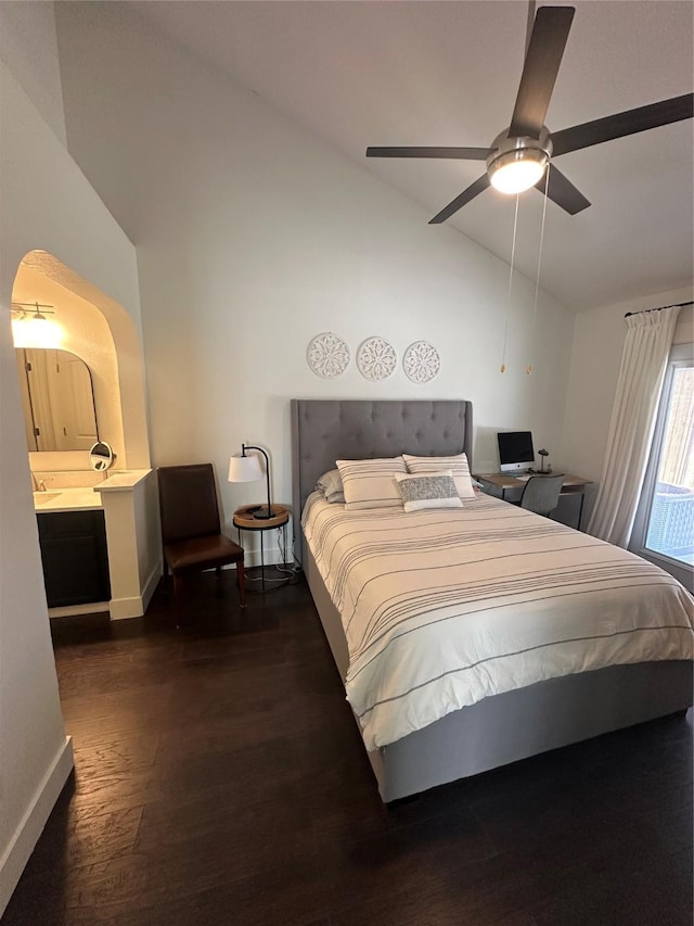 bedroom with ceiling fan, high vaulted ceiling, dark wood finished floors, and baseboards